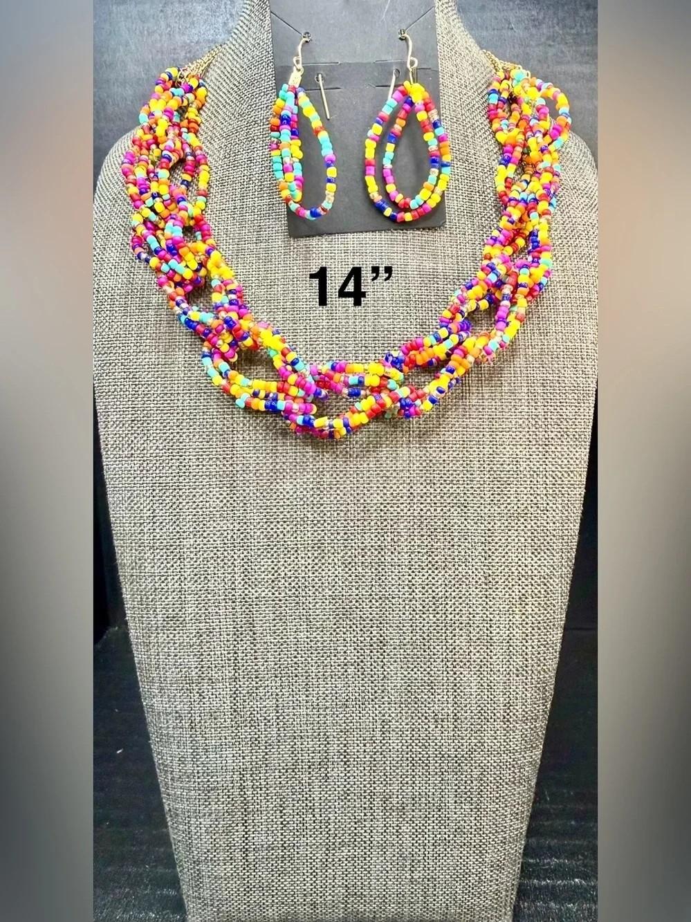 Multicolor Seed Bead Twist Necklace and Hoop Earrings Set